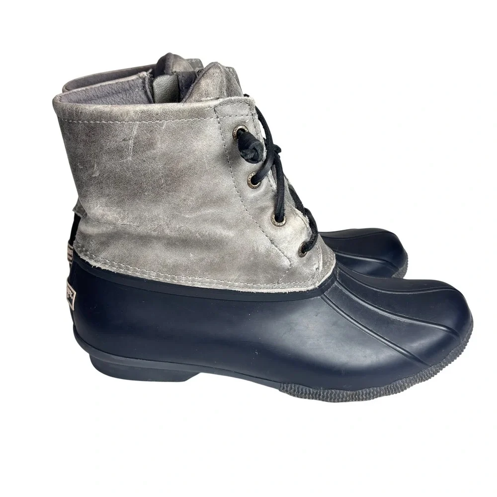 Sperry Saltwater Duck Boots‎ Gray Black Leather Rubber Rain Winter Womens 9.5